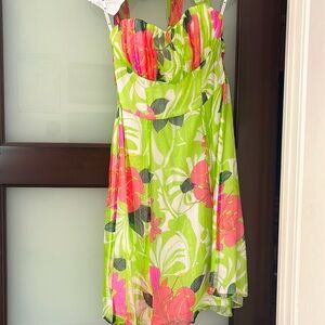 Nanette Lepore strapless chiffon lime green tropical cocktail dress - size 2
